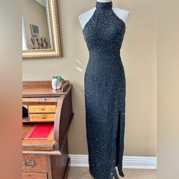 Vintage 90's Cache Black Silk Beaded Sequin Halter Gown Maxi Dress Size Large - Picture 3 of 16